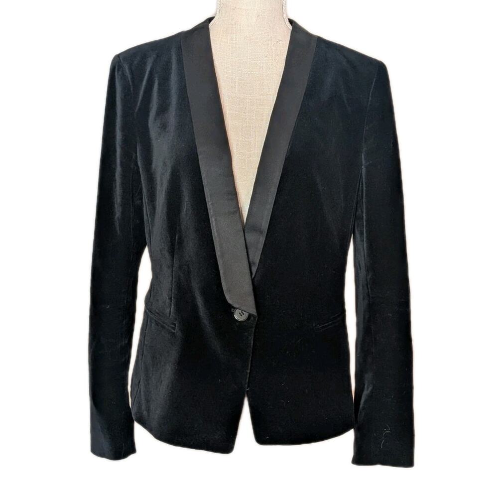 Ann Taylor Blazer Sz 12 Black Velvet Satin Trim 1 Button Career Academia Holiday